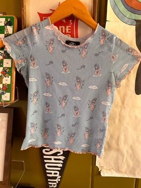 Valfré Sheer Mesh Baby Tee Cherub Print XS Y2K Coquette Top